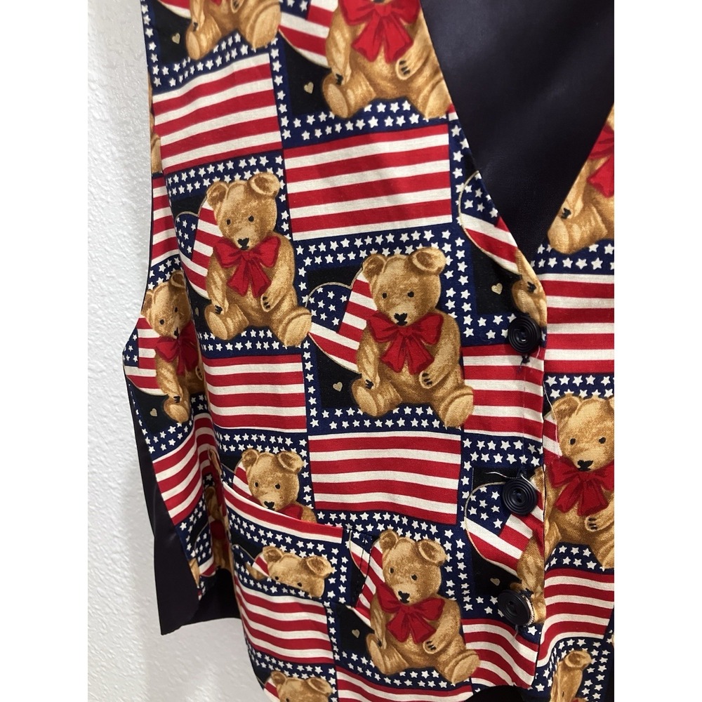 Vintage JLN USA Patriotic Teddy Bear Flag Print Vest Large Made in USA - Picture 2 of 10
